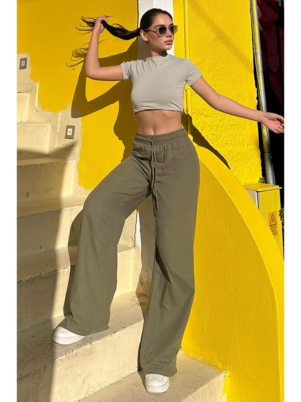 Koyu Yeşil Bol Paça Müslin Kadın Pantolon Mg1980-5