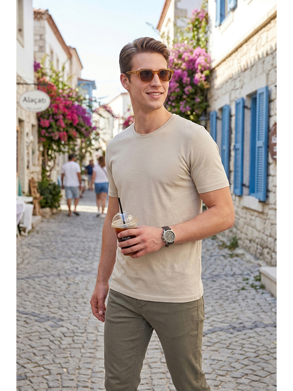 Bej Bisiklet Yaka % 100 Pamuk Slim Fit Basic Erkek Tişört 59020001