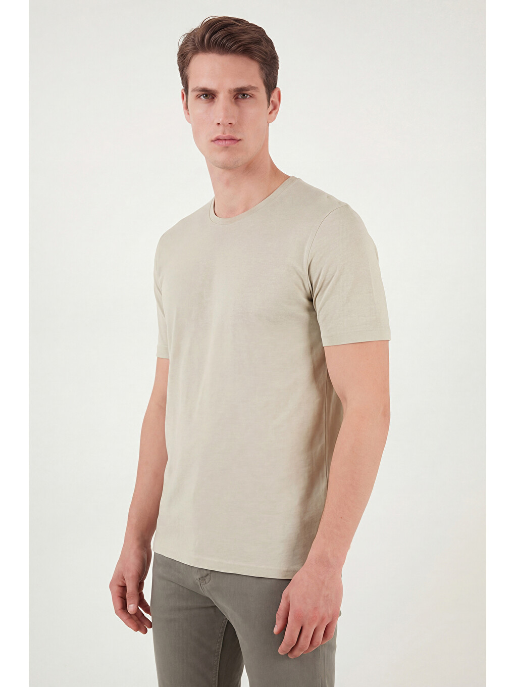 Bej Bisiklet Yaka % 100 Pamuk Slim Fit Basic Erkek Tişört 59020001-1