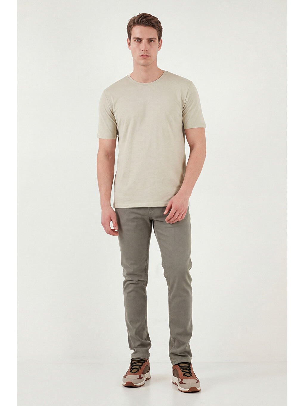 Bej Bisiklet Yaka % 100 Pamuk Slim Fit Basic Erkek Tişört 59020001-2