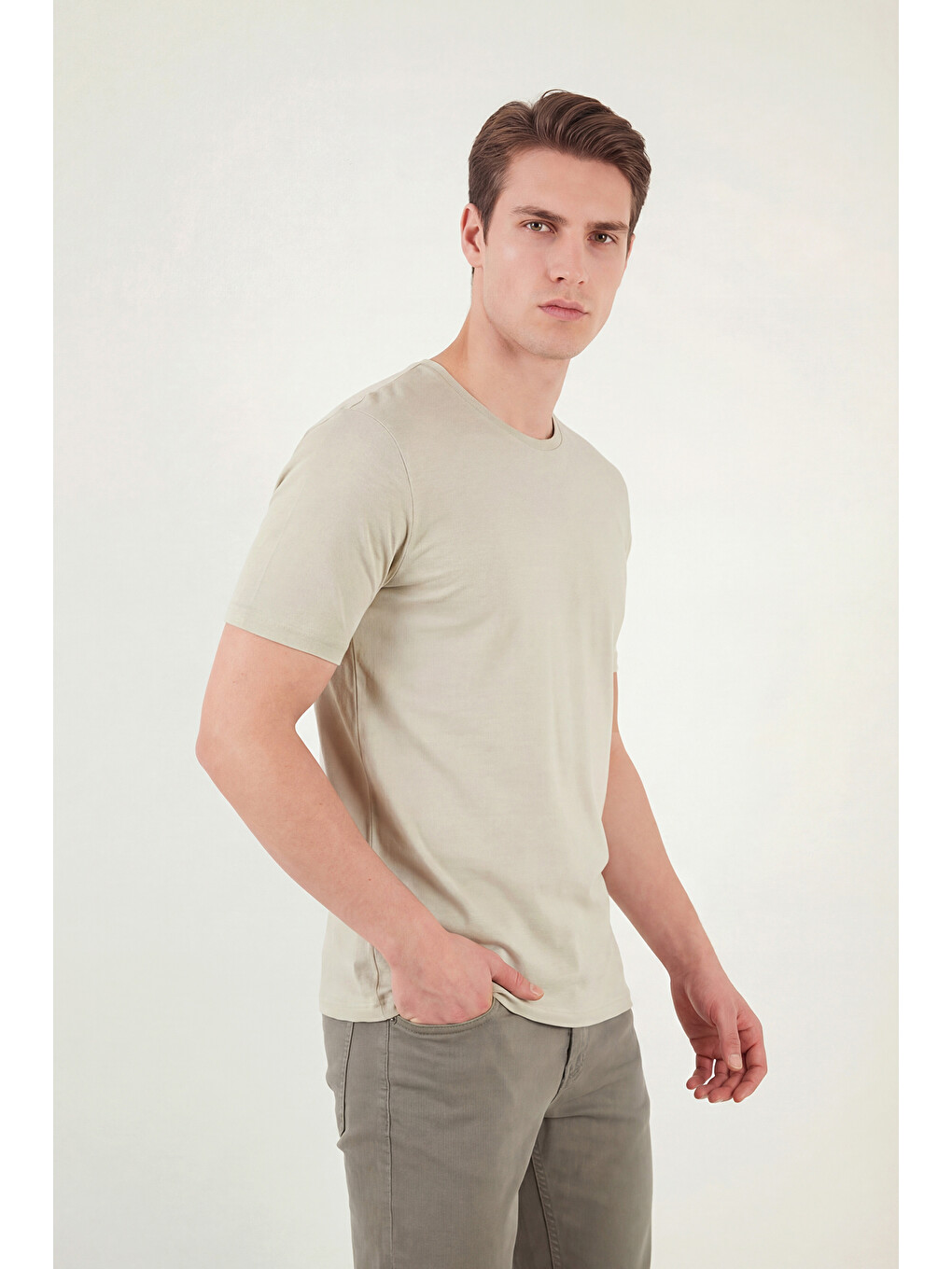 Bej Bisiklet Yaka % 100 Pamuk Slim Fit Basic Erkek Tişört 59020001-3