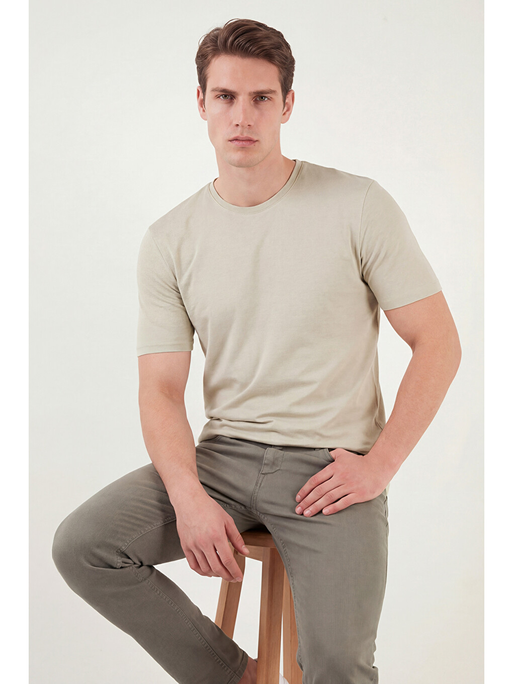 Bej Bisiklet Yaka % 100 Pamuk Slim Fit Basic Erkek Tişört 59020001-4