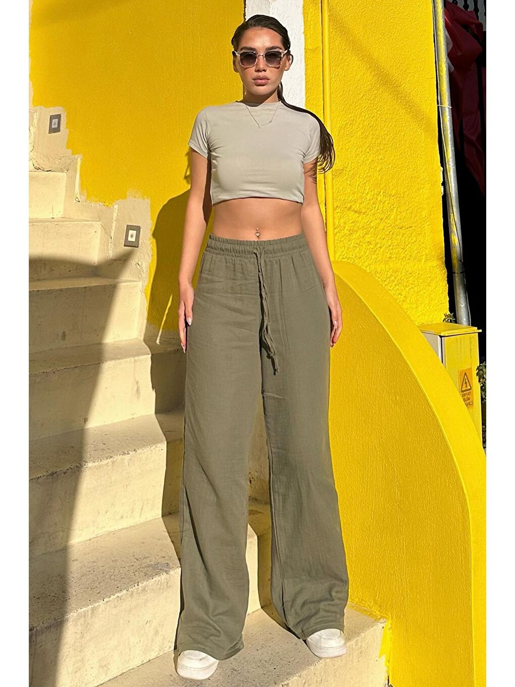 Koyu Yeşil Bol Paça Müslin Kadın Pantolon Mg1980-7