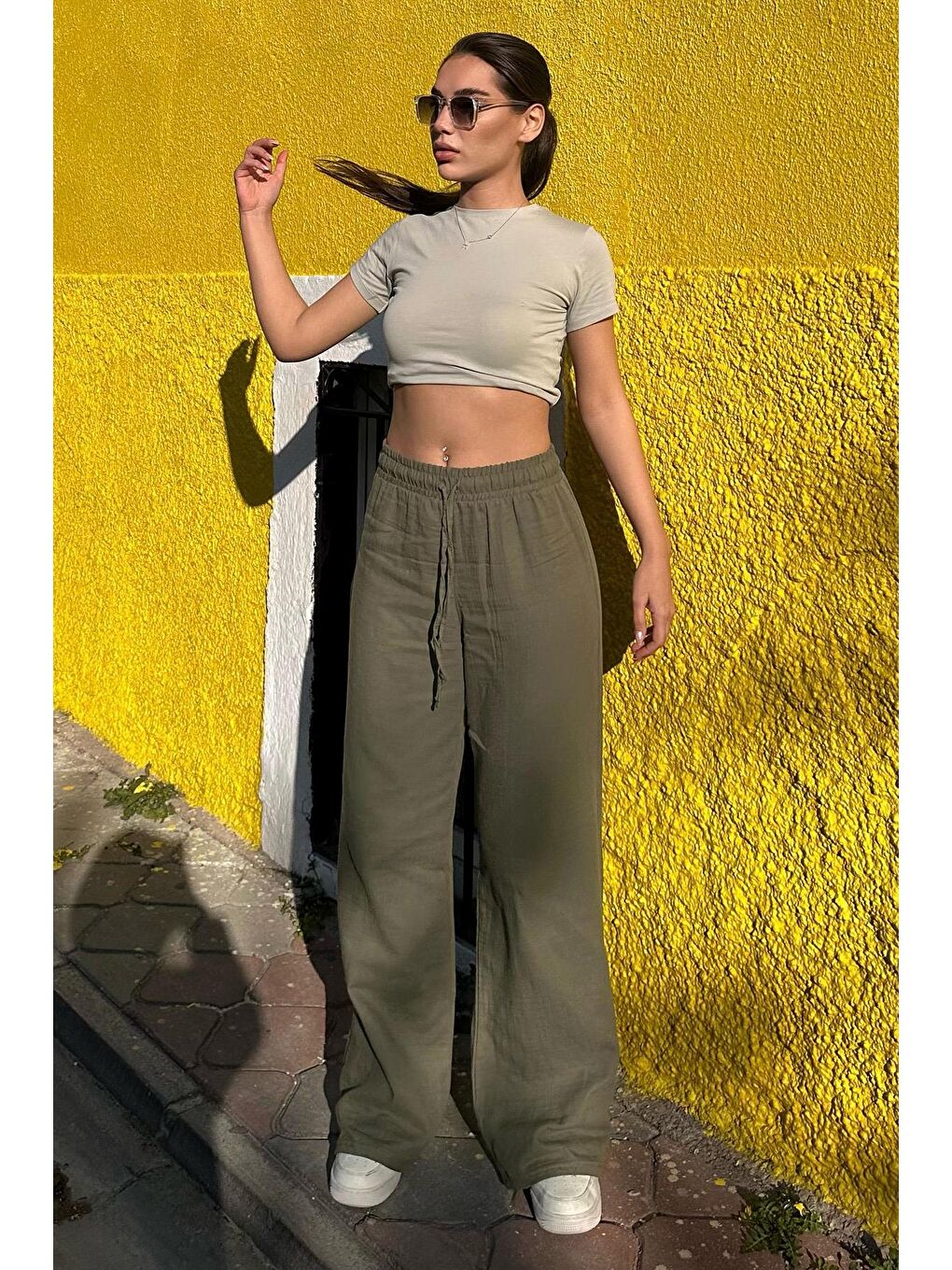 Koyu Yeşil Bol Paça Müslin Kadın Pantolon Mg1980-8