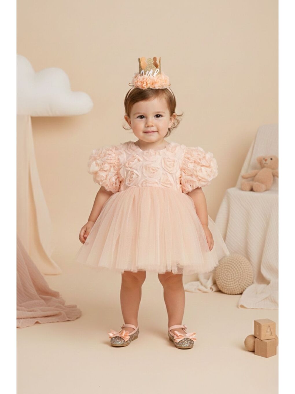 Pembe Somon Gül Detaylı Kız Bebek Elbise - Elina