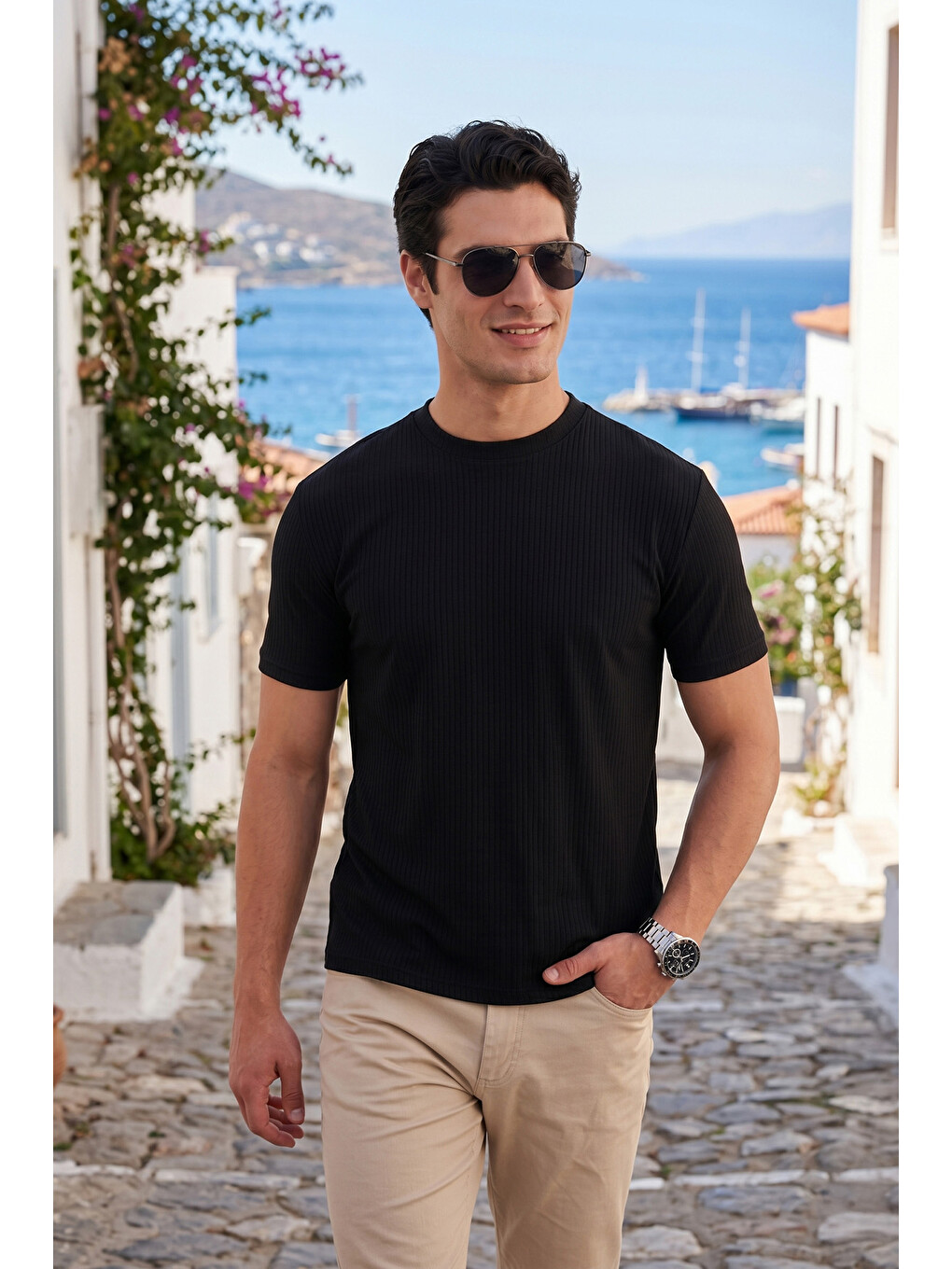 Siyah Regular Fit Çizgili Dokulu Bisiklet Yaka T Shirt 5904023