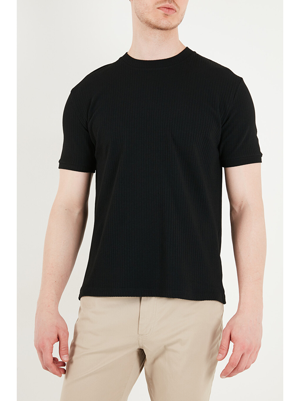 Siyah Regular Fit Çizgili Dokulu Bisiklet Yaka T Shirt 5904023-5