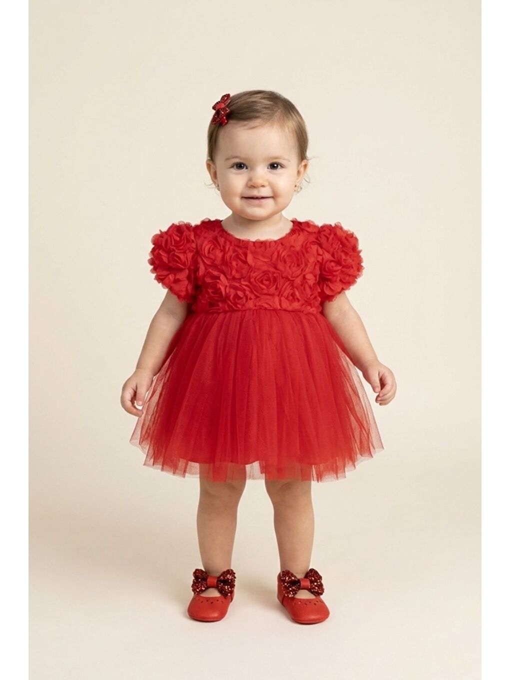 Kırmızı Gül Detaylı Kız Bebek Elbise - Elina