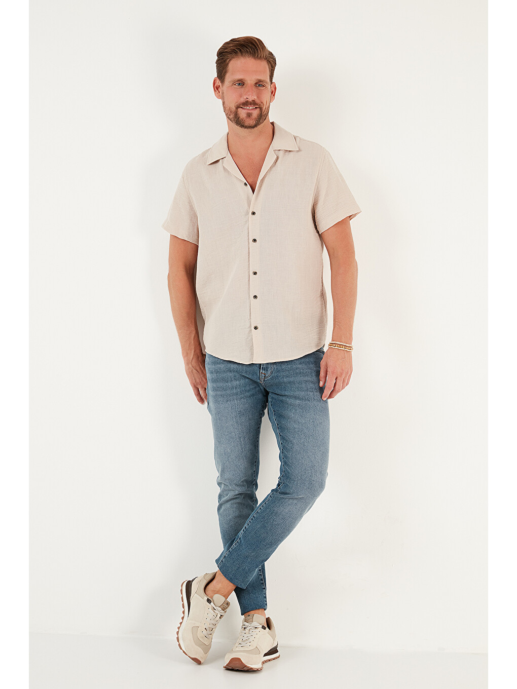 Bej Keten Görünümlü Kısa Kollu Apaş Yaka Regular Fit Gömlek Cf23s116775-3