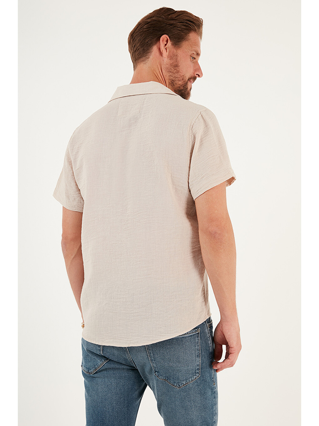 Bej Keten Görünümlü Kısa Kollu Apaş Yaka Regular Fit Gömlek Cf23s116775-4