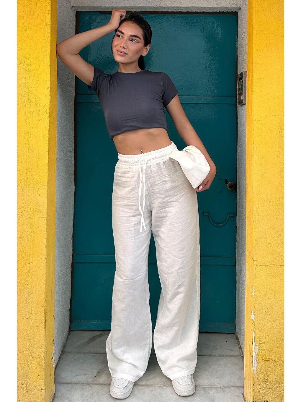 Beyaz Bol Paça Müslin Kadın Pantolon Mg1980-3