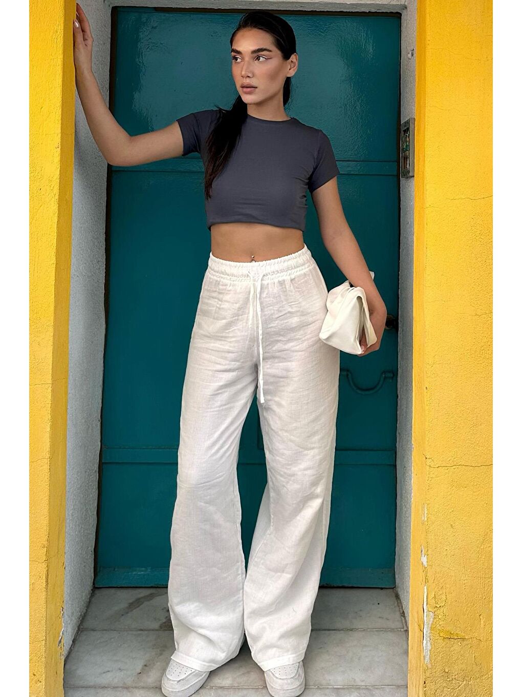 Beyaz Bol Paça Müslin Kadın Pantolon Mg1980-5