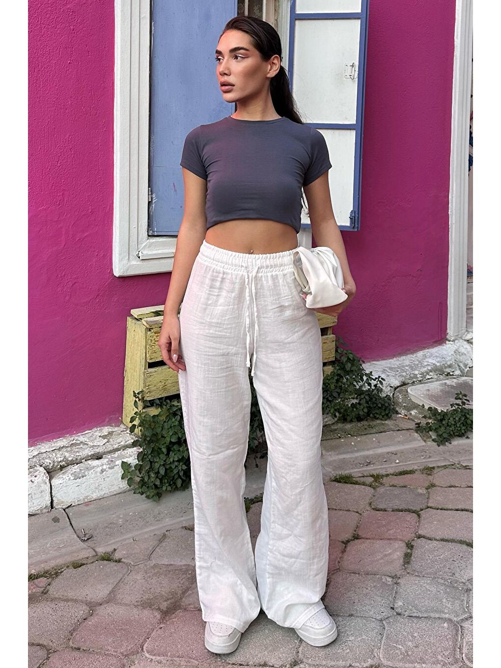 Beyaz Bol Paça Müslin Kadın Pantolon Mg1980-7