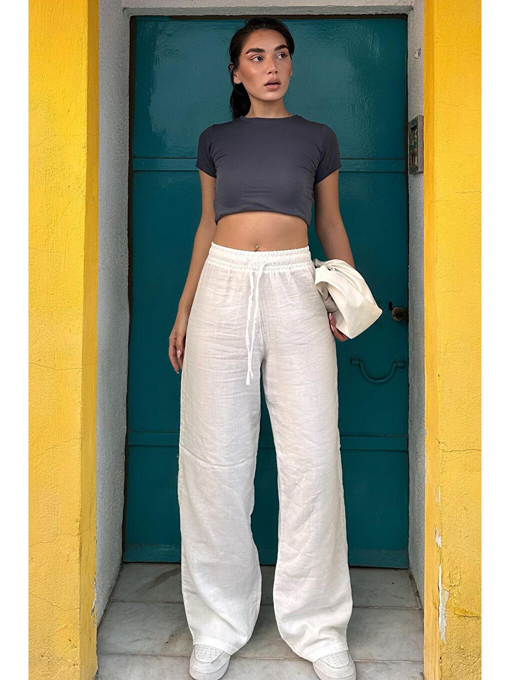 Beyaz Bol Paça Müslin Kadın Pantolon Mg1980-8