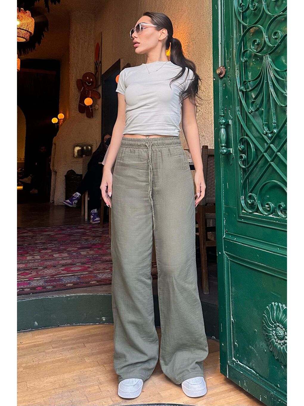 Yeşil Bol Paça Müslin Kadın Pantolon Mg1980-1