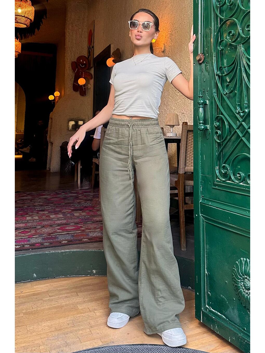 Yeşil Bol Paça Müslin Kadın Pantolon Mg1980-4