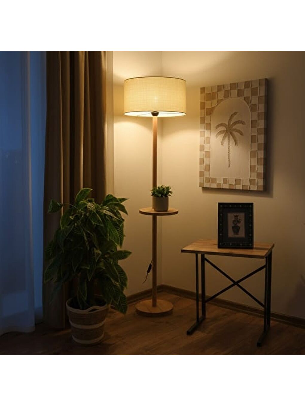 Ekru Lighting Oval Sehpalı Ahşap Lambader - Natürel / Krem - 150x40x40 cm-4