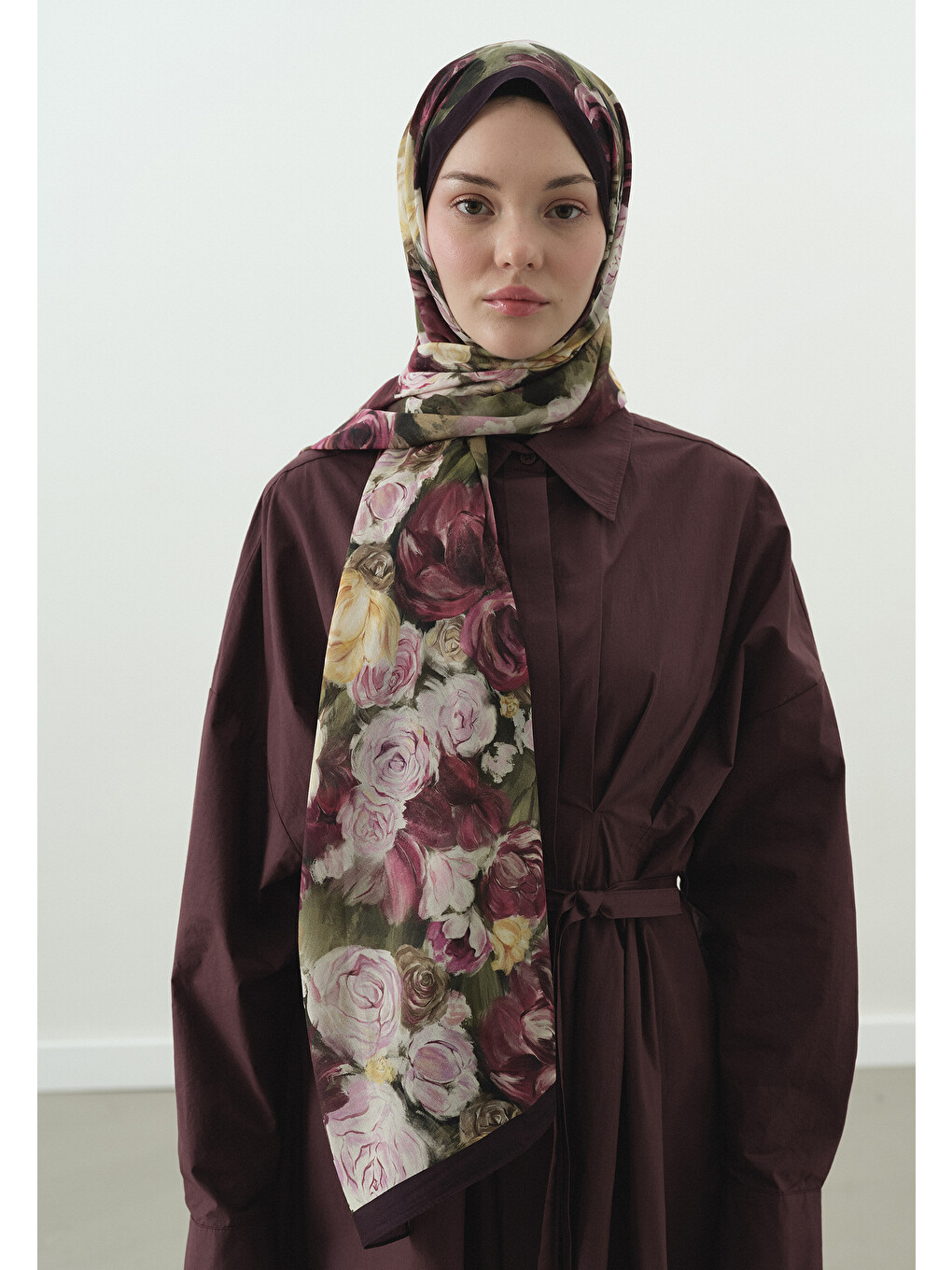 Mürdüm Rose Breeze Desenli Pamuk Viskon Şal-3