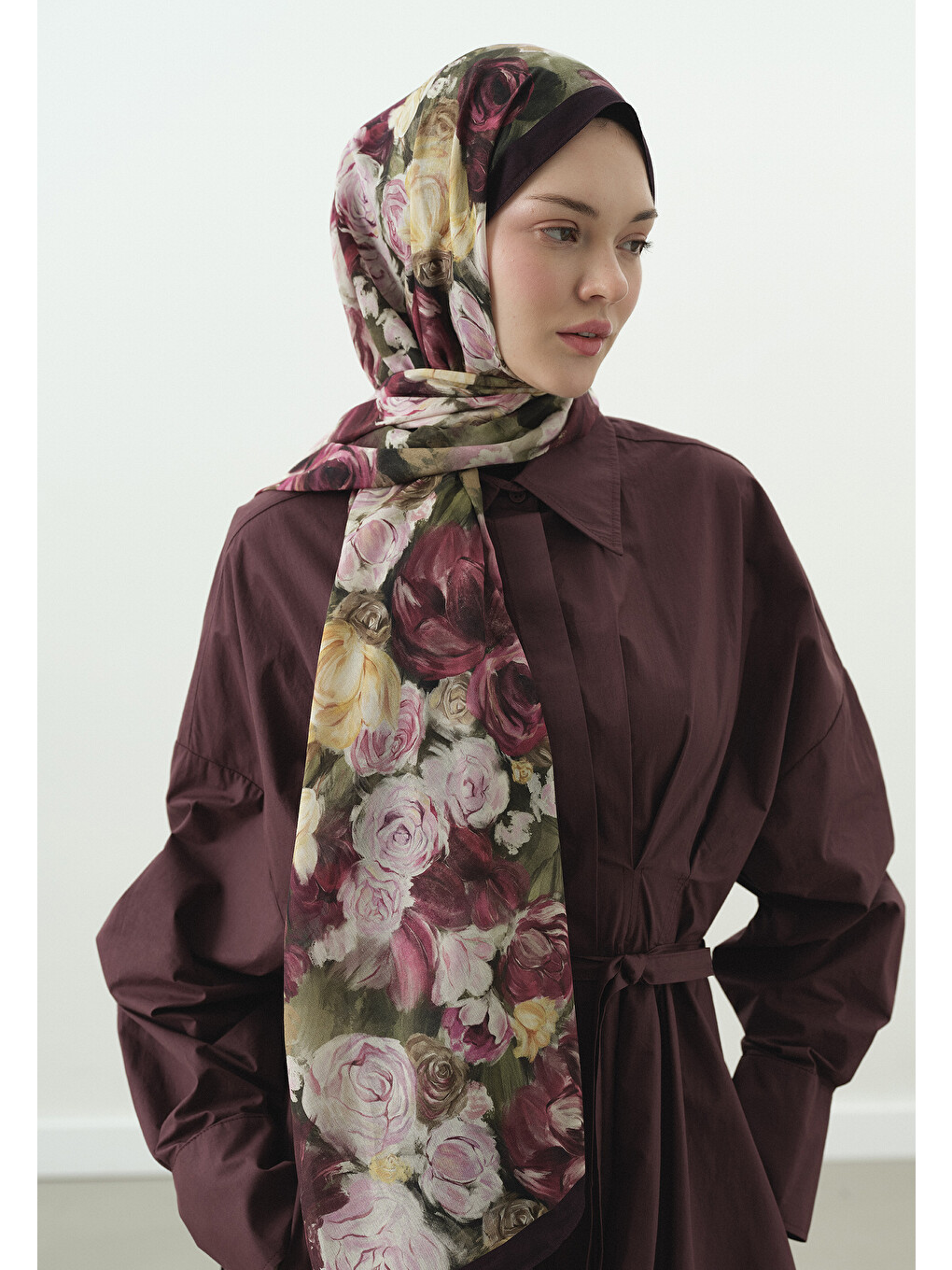 Mürdüm Rose Breeze Desenli Pamuk Viskon Şal-4