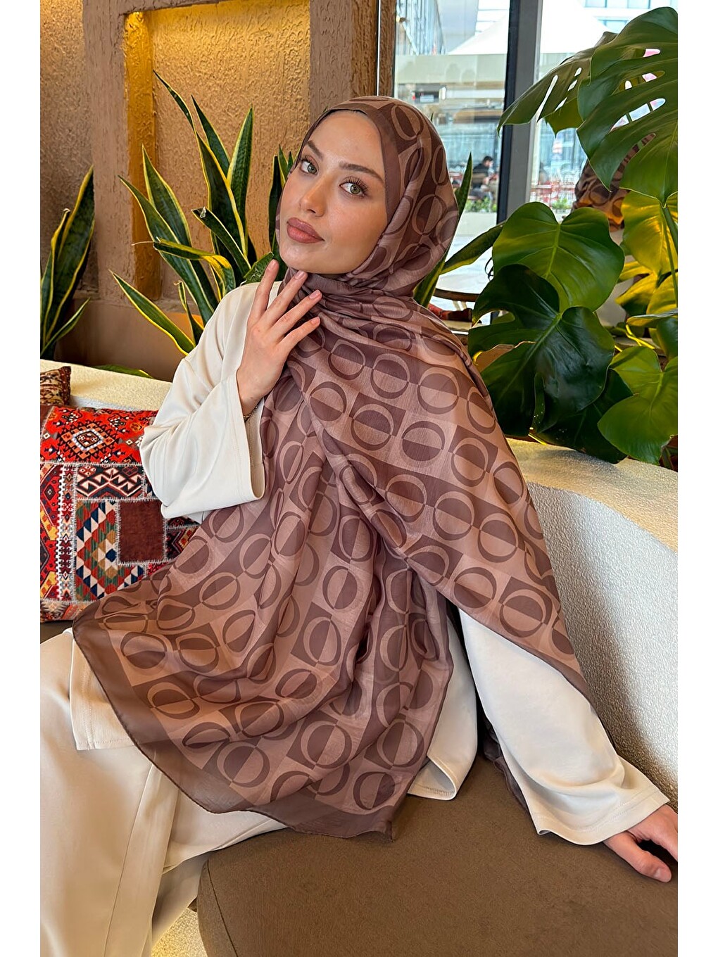 Kahverengi Halka Desen Ferah Şal Soft Kahve-1