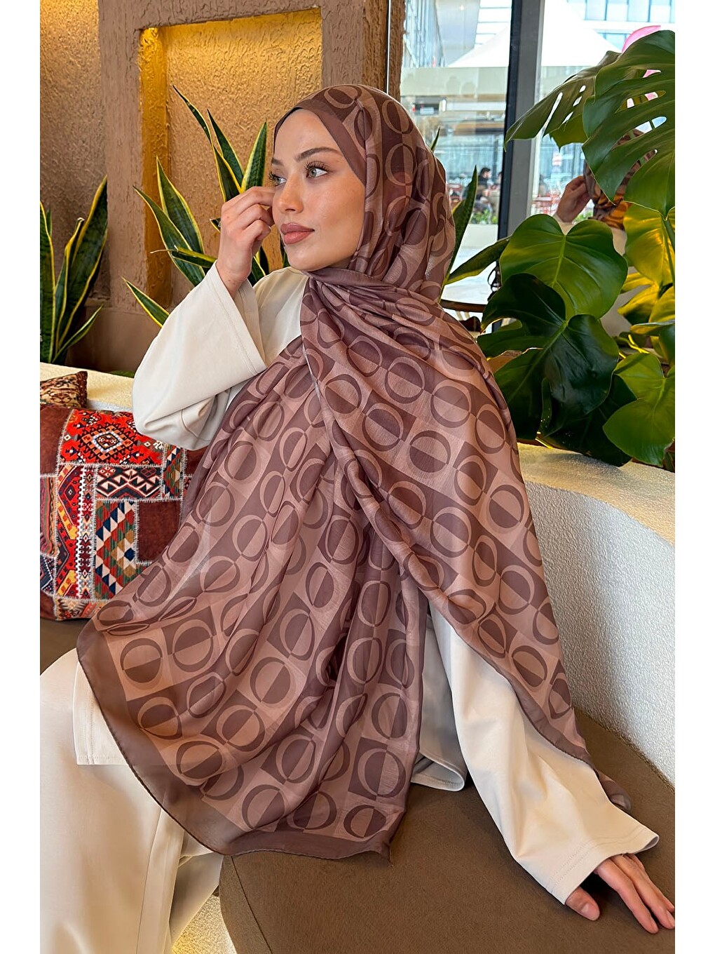Kahverengi Halka Desen Ferah Şal Soft Kahve-2