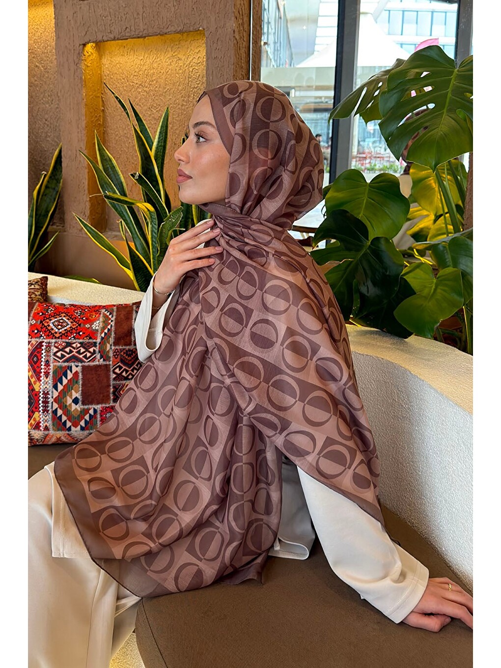 Kahverengi Halka Desen Ferah Şal Soft Kahve-3