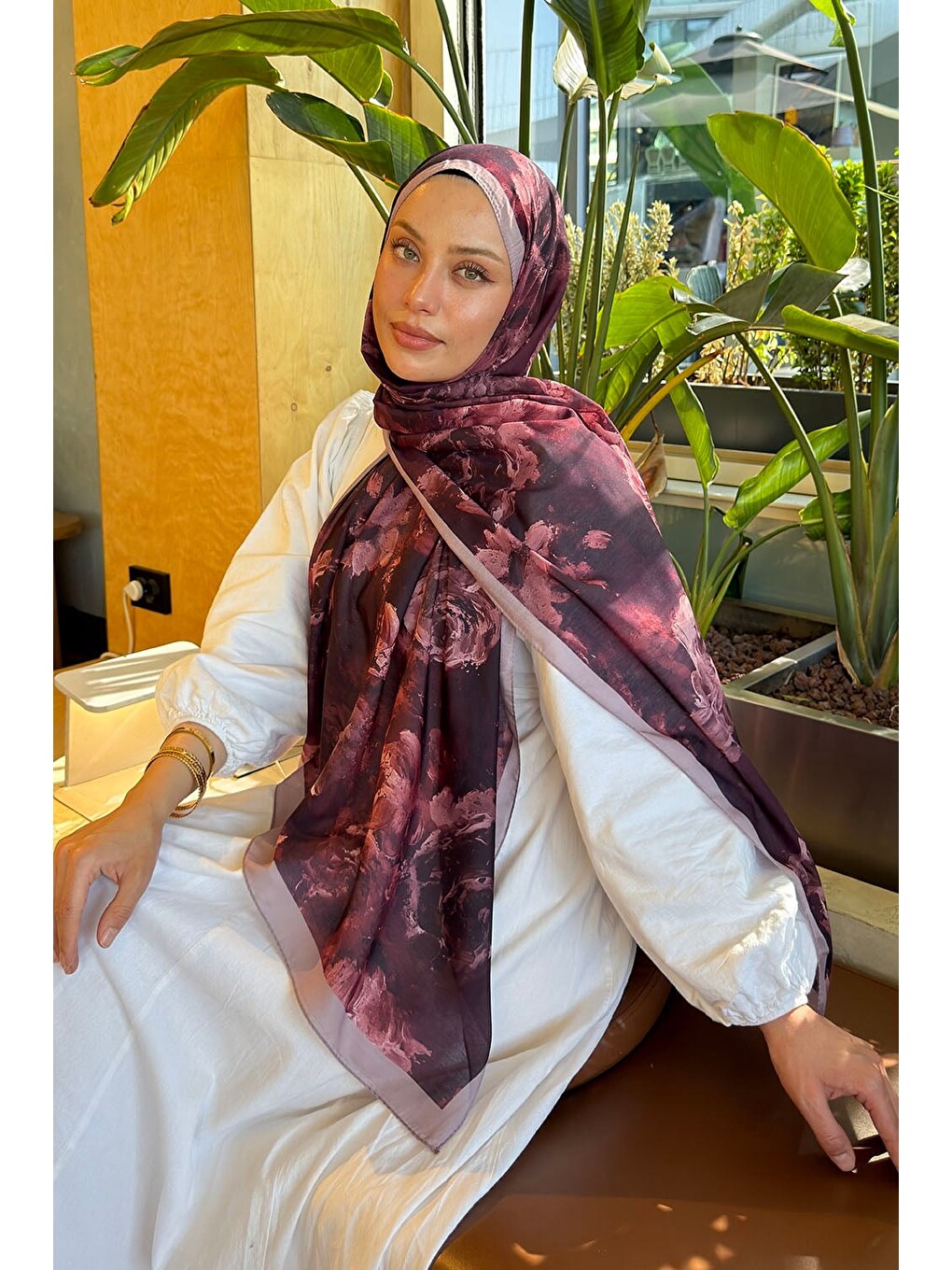 Gül Çiçek Desen Lara Soft Şal Koyu Bordo