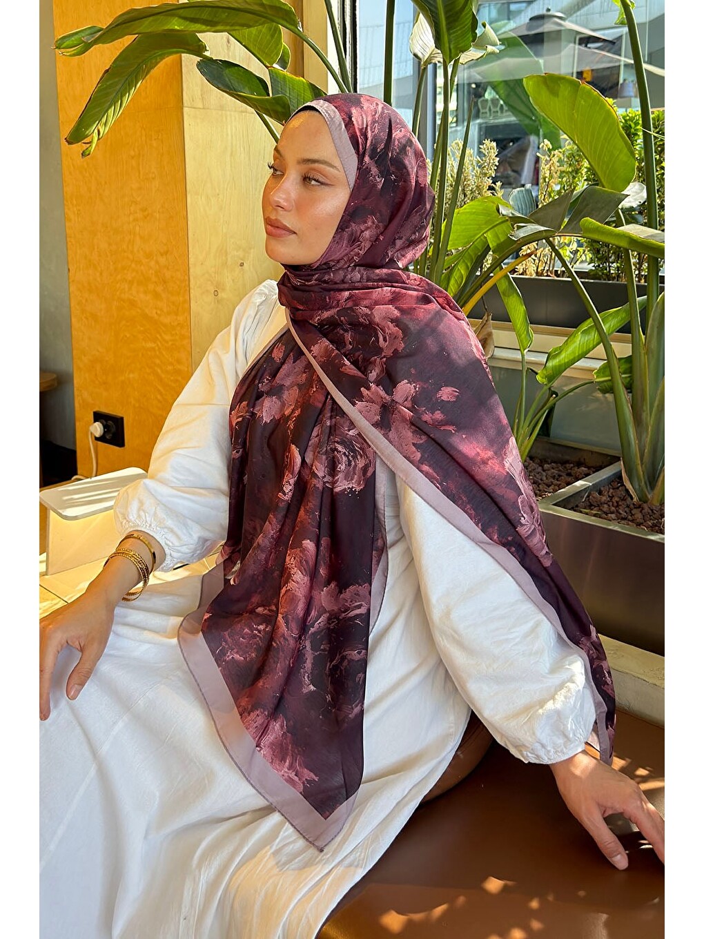 Gül Çiçek Desen Lara Soft Şal Koyu Bordo-2