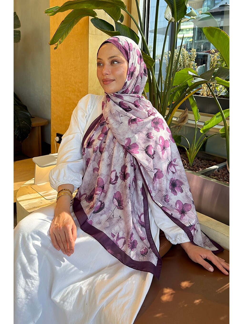 Çiçek Desen Lara Soft Şal Mürdüm-2