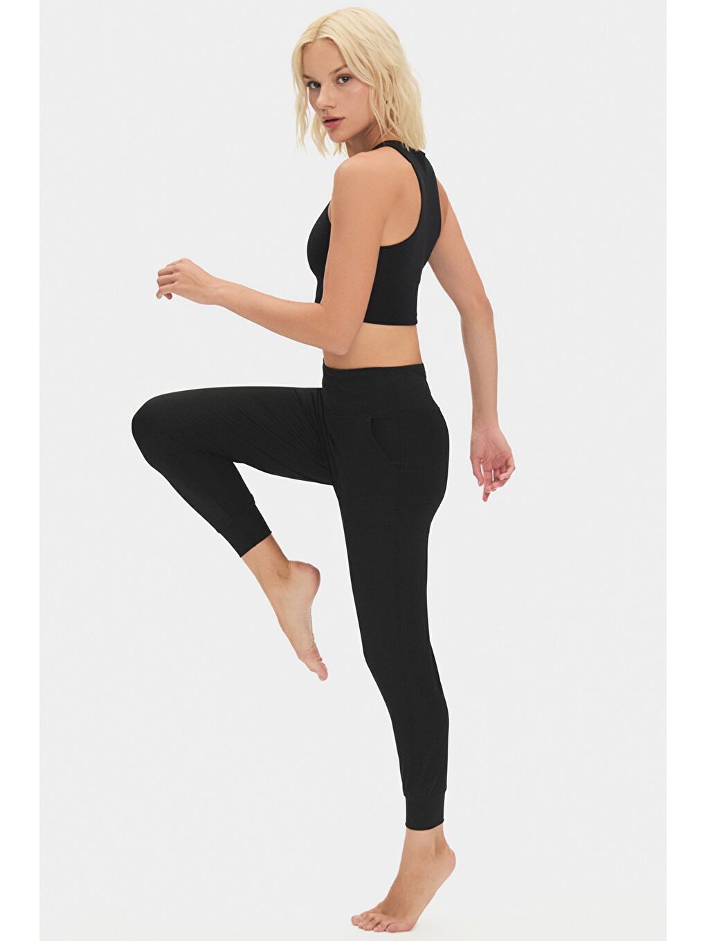 Siyah Kadın Bej Yüksek Bel Jogger Eşofman Altı-3