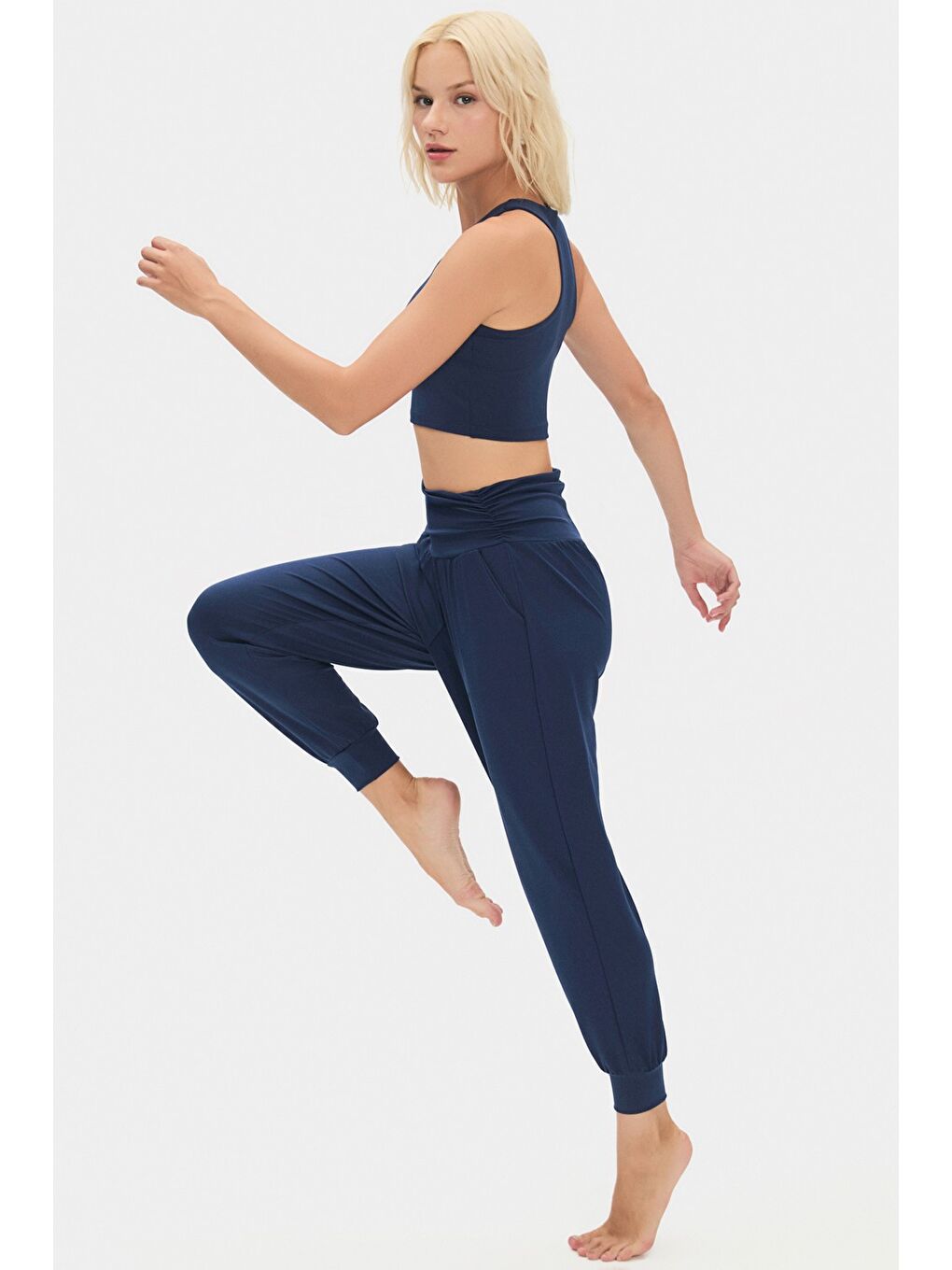 Lacivert Kadın Bej Yüksek Bel Jogger Eşofman Altı-4