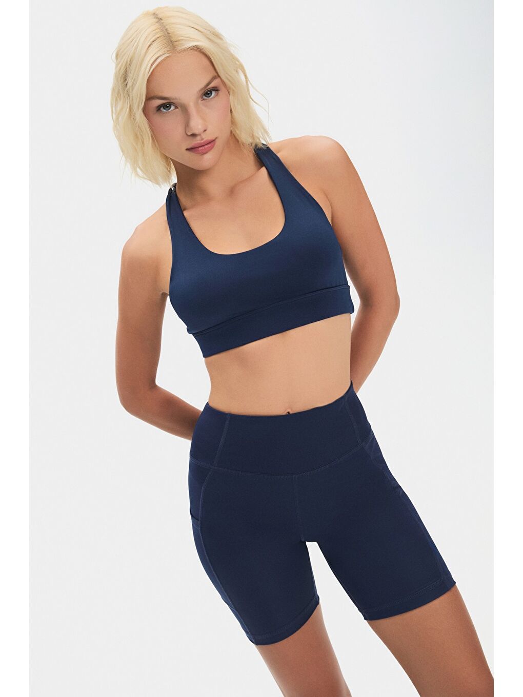 Joystar Lacivert Kadın Beyaz Yüksek Bel Toparlayıcı Çift Cepli Kısa Spor Tayt - 1