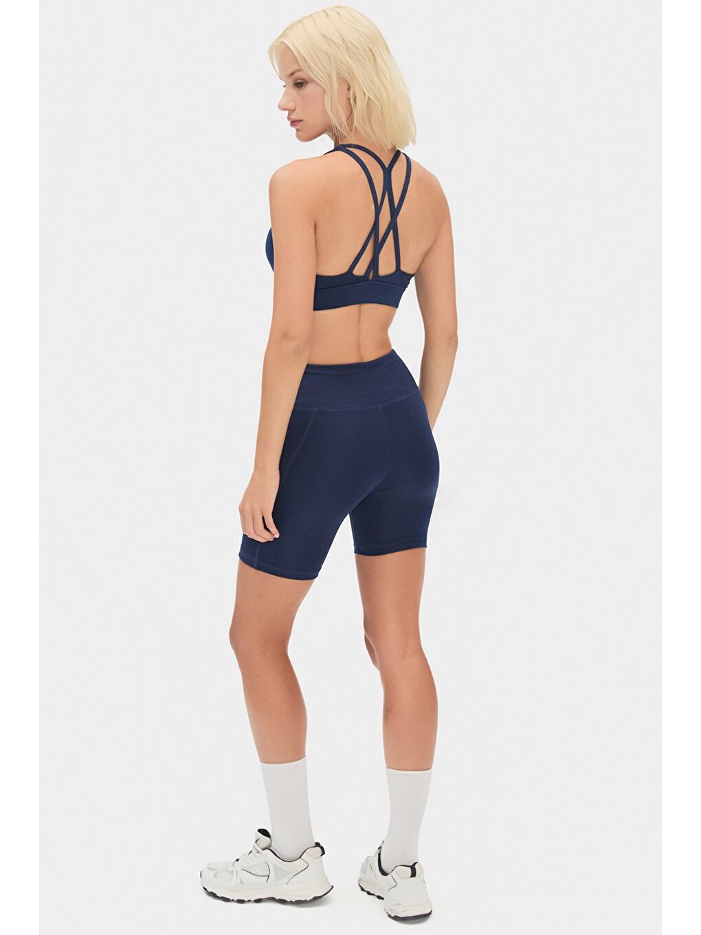 Joystar Lacivert Kadın Beyaz Yüksek Bel Toparlayıcı Çift Cepli Kısa Spor Tayt - 4