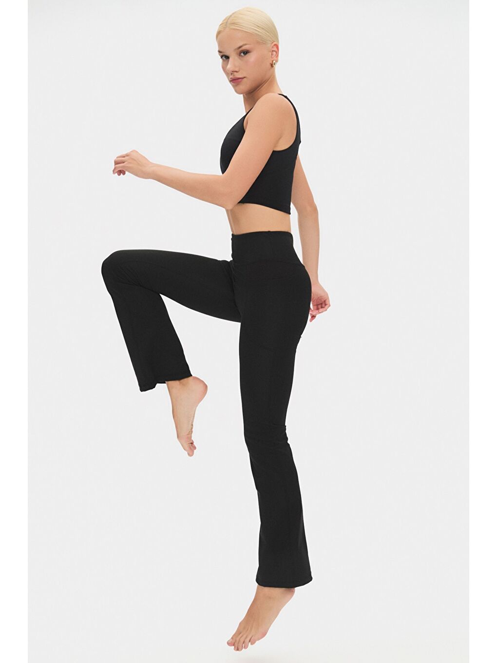 Siyah Kadın Yüksek Bel Toparlayıcı Çift Cepli Ispanyol Paça Tayt-3