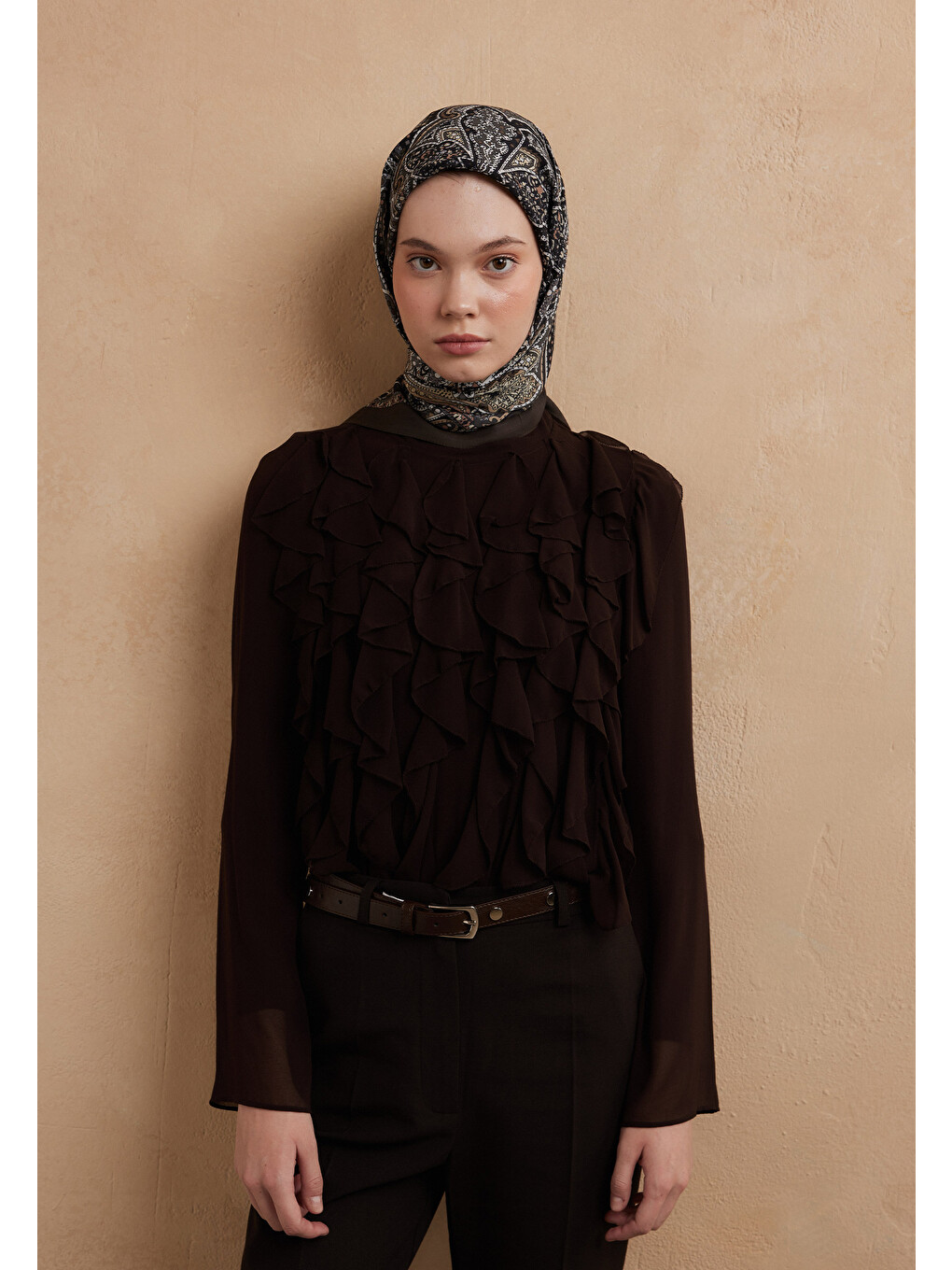 Kahverengi Helene Desen Pamuk İpek Eşarp Acı Kahve-4
