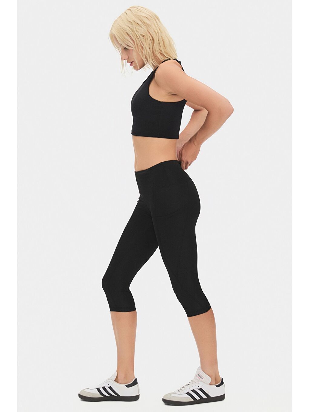 Siyah Kadın Yüksek Bel Toparlayıcı Çift Cepli Diz Altı Kapri Tayt-1