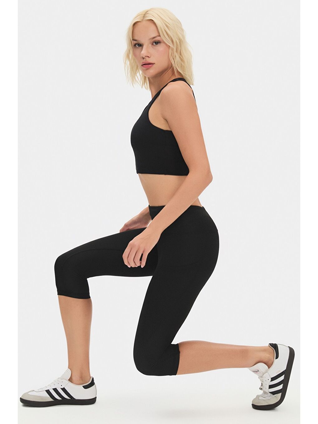 Siyah Kadın Yüksek Bel Toparlayıcı Çift Cepli Diz Altı Kapri Tayt-2