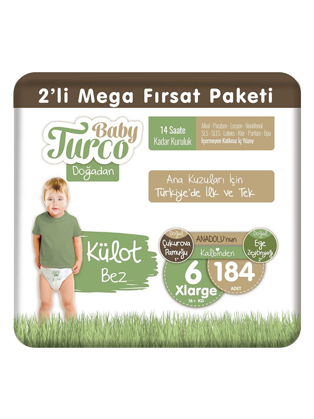 Baby Turco Doğadan 2'li Mega Fırsat Paketi Külot Bez 6 Numara Xlarge 184 Adet