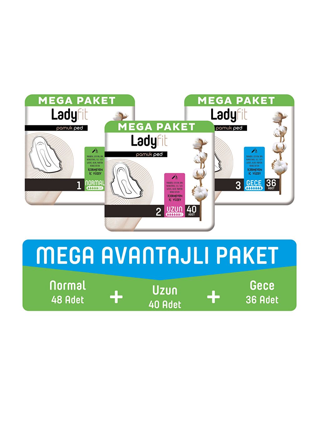 Baby Turco Ladyfit Pamuk Ped Mega Avantajlı Paket (Normal 48 Adet + Uzun 40 Adet + Gece 36 Adet)