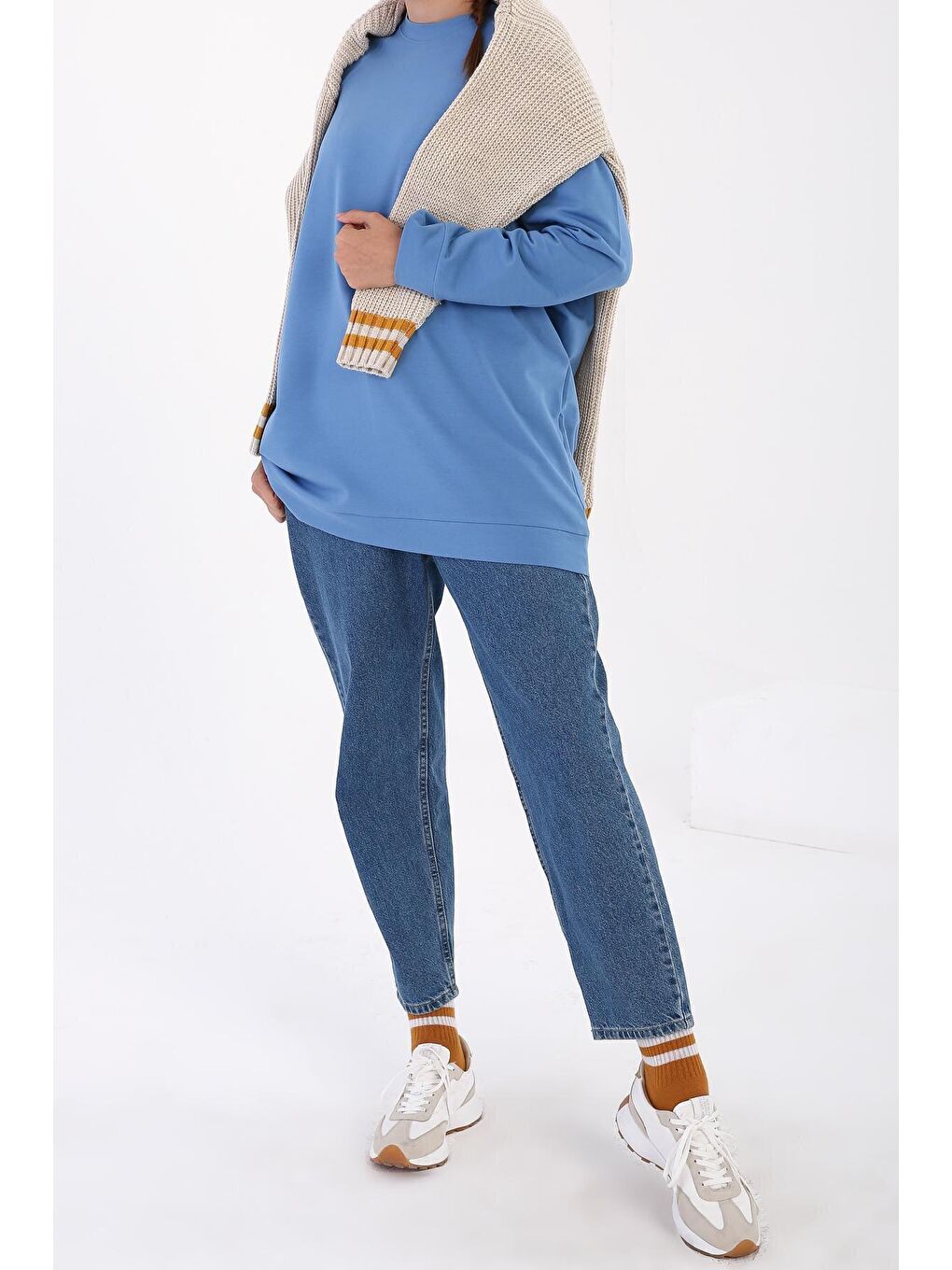 Soft Mavi Bisiklet Yaka Reglan Kol Sweatshirt