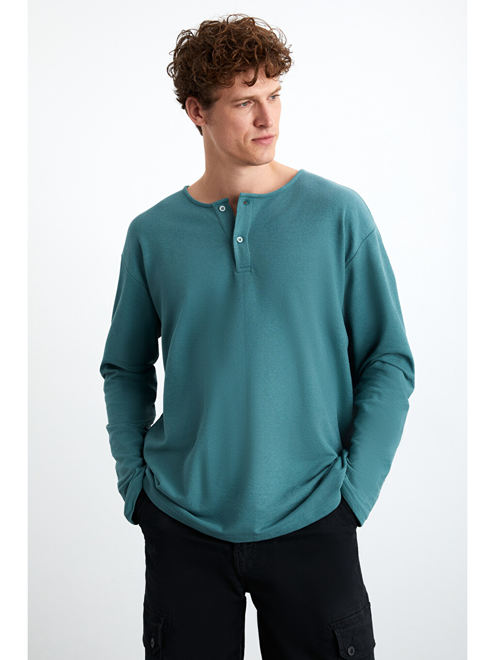 Lorenzo Erkek Özel Rustik Dokulu %100 Organik Pamuk Düğme Detaylı Regular Yeşil Sweatshirt-3