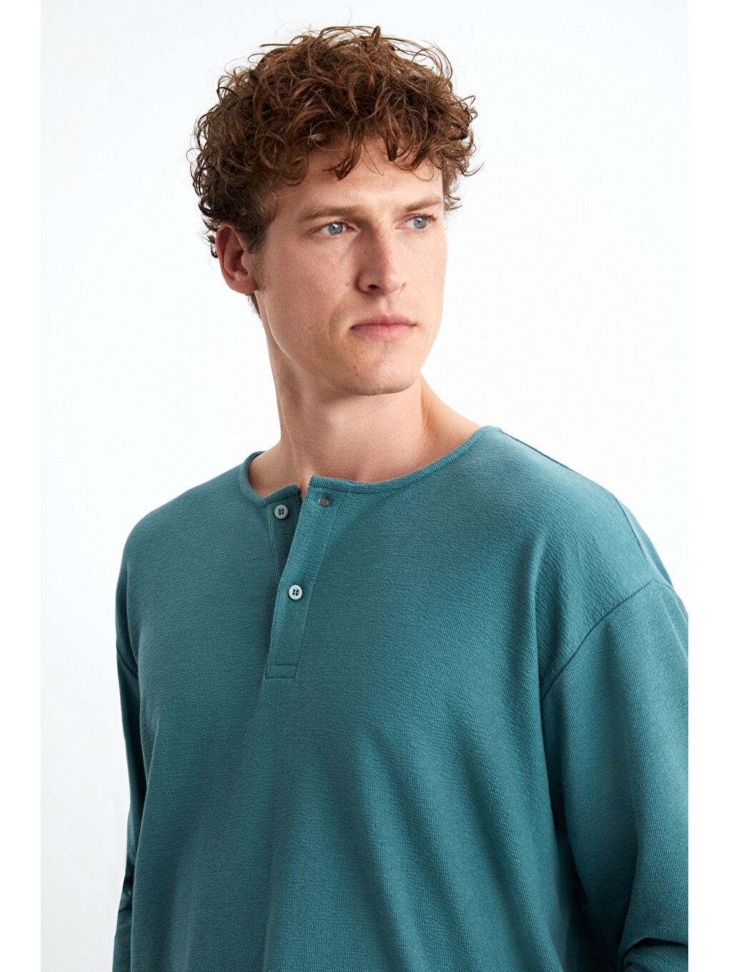 Lorenzo Erkek Özel Rustik Dokulu %100 Organik Pamuk Düğme Detaylı Regular Yeşil Sweatshirt-5