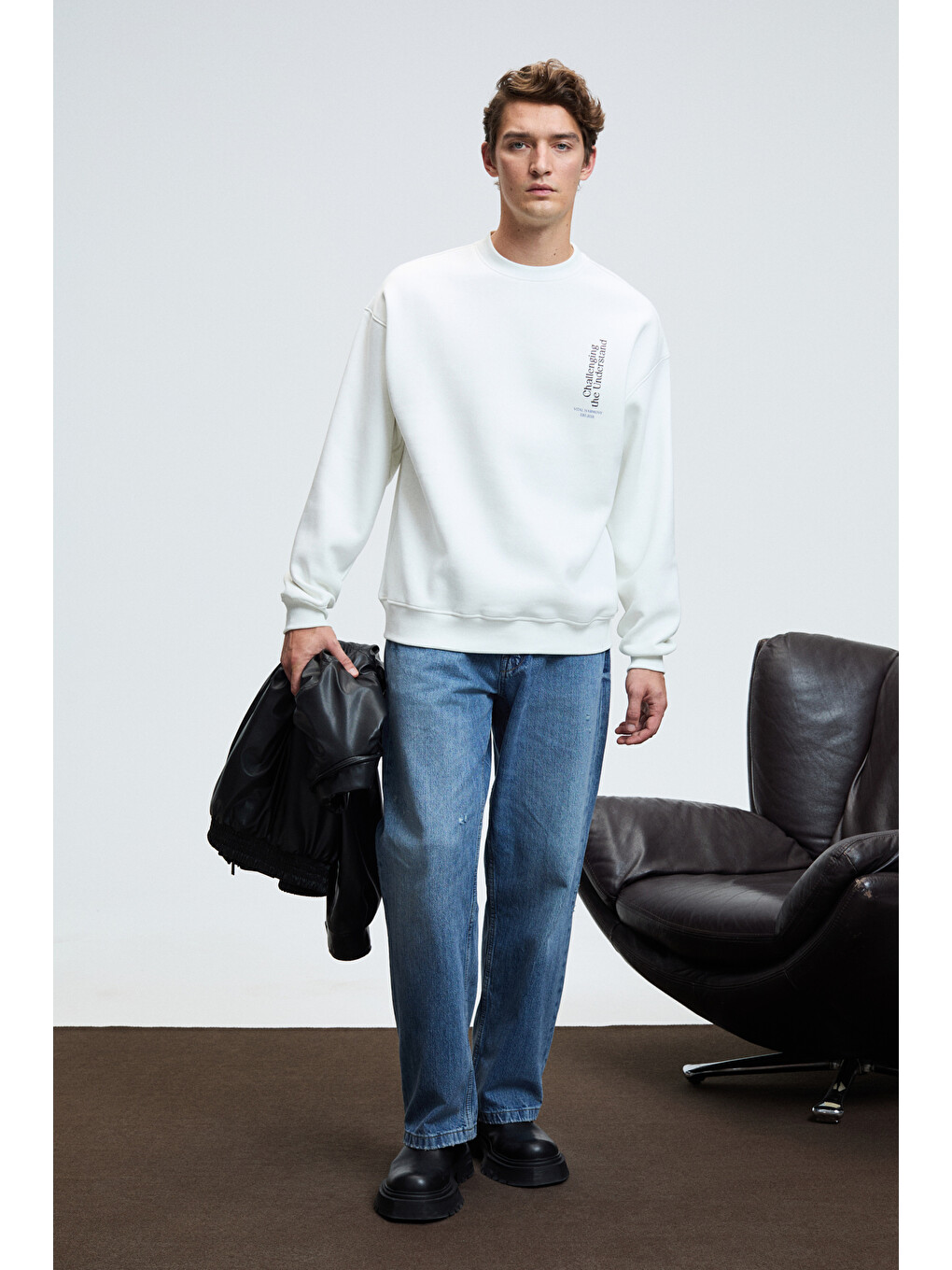 Alden Erkek Yuvarlak Yaka Göğsü Ve Sırtı Baskılı Relaxed Fit Beyaz Sweatshirt-3