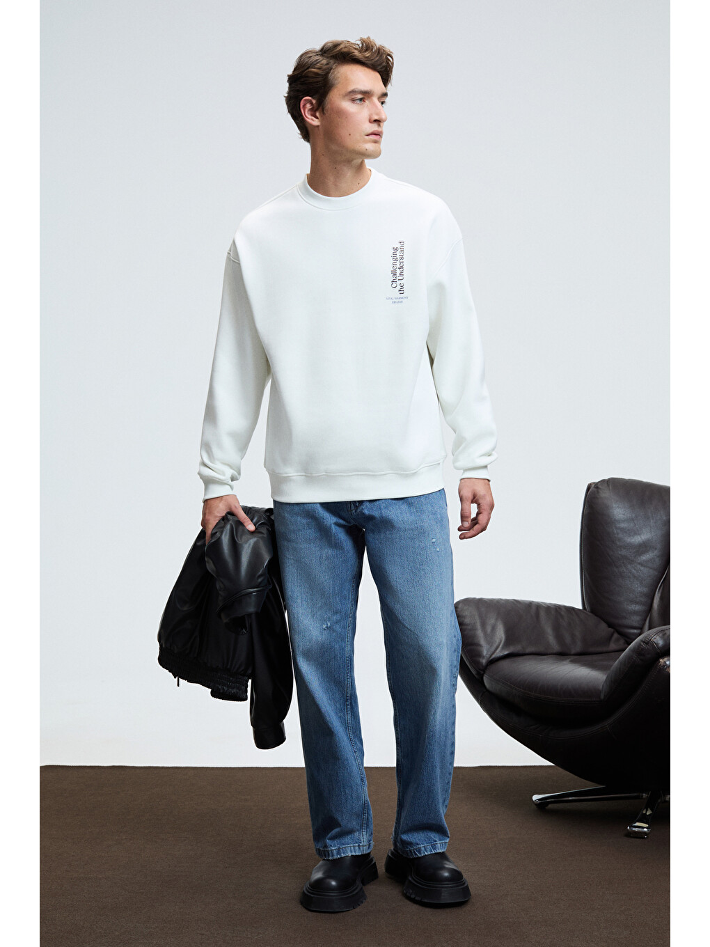 Alden Erkek Yuvarlak Yaka Göğsü Ve Sırtı Baskılı Relaxed Fit Beyaz Sweatshirt-4