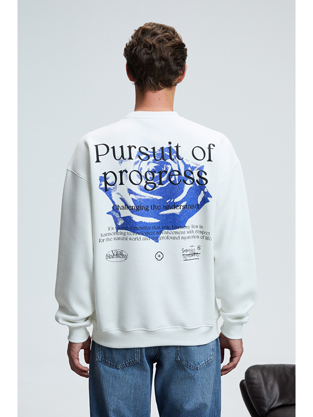 Alden Erkek Yuvarlak Yaka Göğsü Ve Sırtı Baskılı Relaxed Fit Beyaz Sweatshirt-6