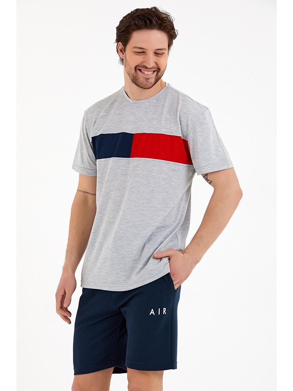 Gri Erkek Bisiklet Yaka Regular Fit Garnili Tişort SPR22TS111-2