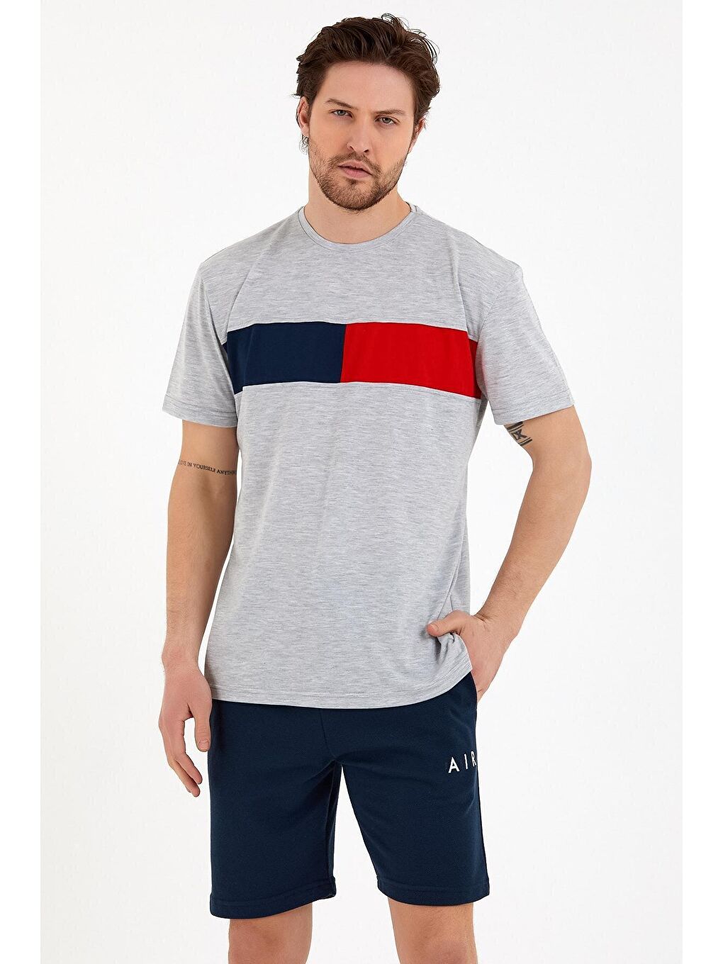 Gri Erkek Bisiklet Yaka Regular Fit Garnili Tişort SPR22TS111-4