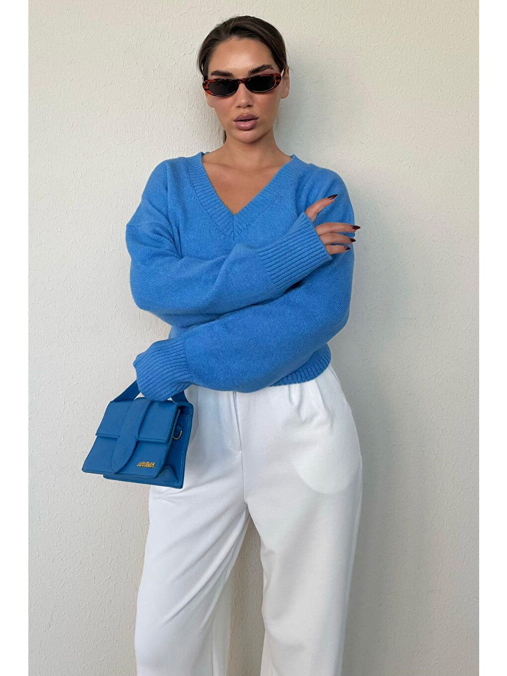 Mavi V Yaka Oversize Kadın Triko Kazak Mg2149-8