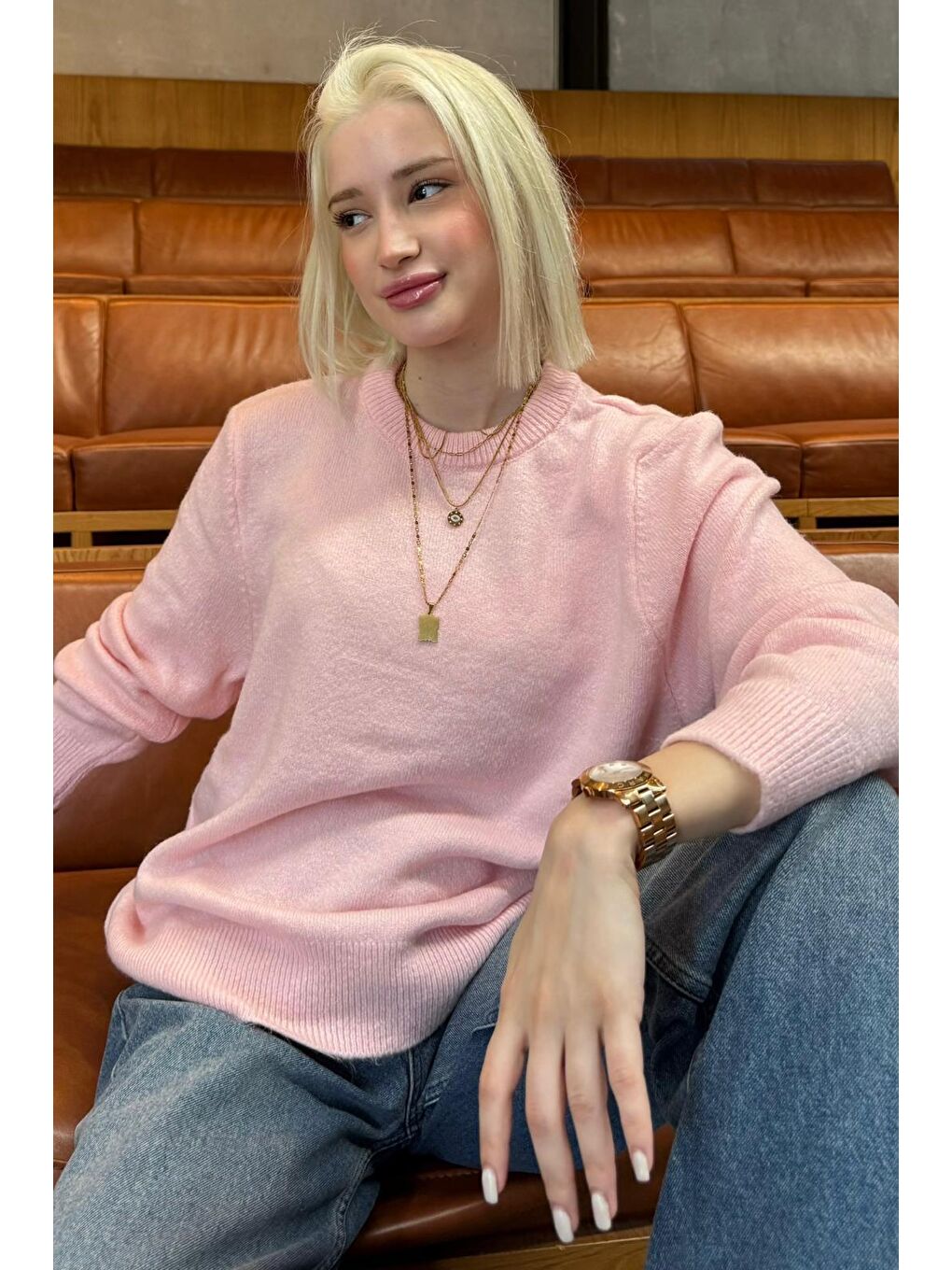 Pembe Pudra Bisiklet Yaka Kadın Triko Kazak Mg2494-7