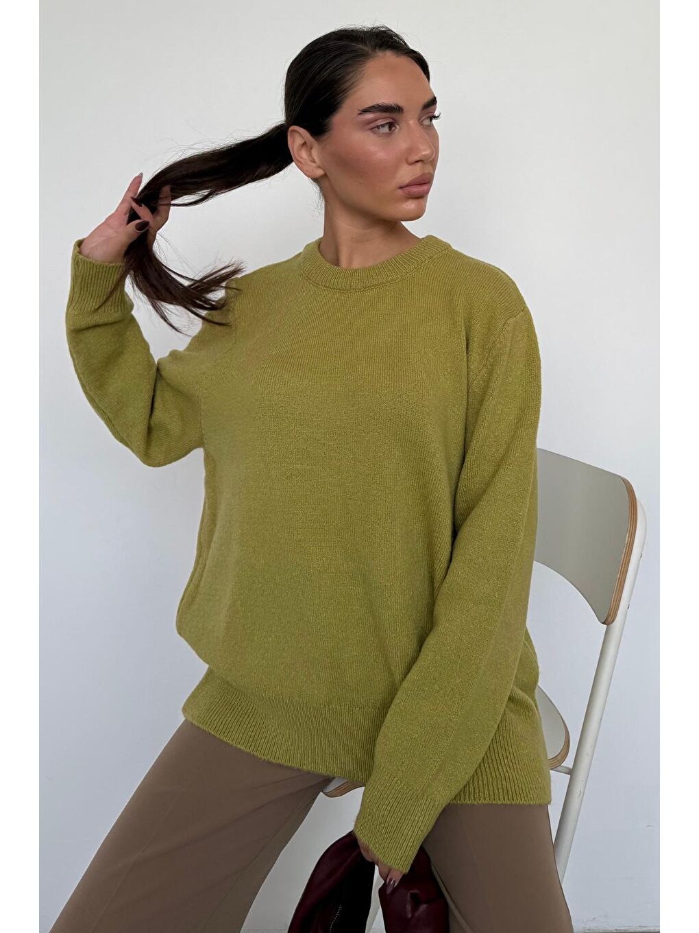 Yeşil Bisiklet Yaka Kadın Triko Kazak Mg2494-5